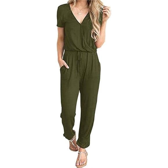 Women's Summer Casual Deep V Neck Wrap Waist Jumpsuit Romper Army Green - Picture 1 of 5